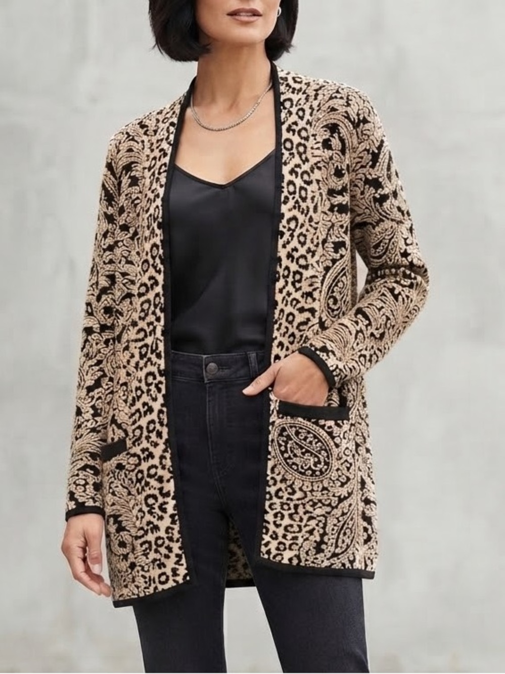 Chico's Black & White Animal Paisley Open Front Cardigan Sweater Size S